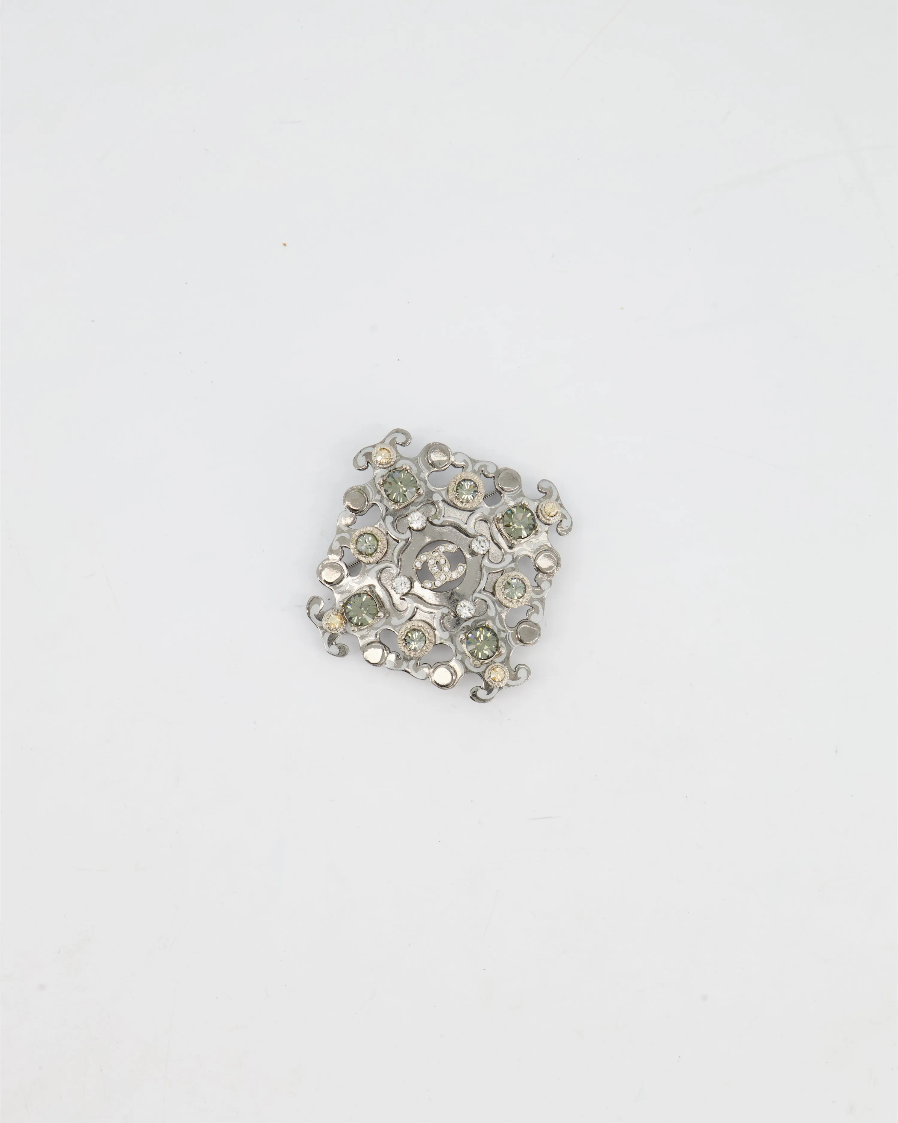 Chanel Silver Brooch With Logo And Crystal Details