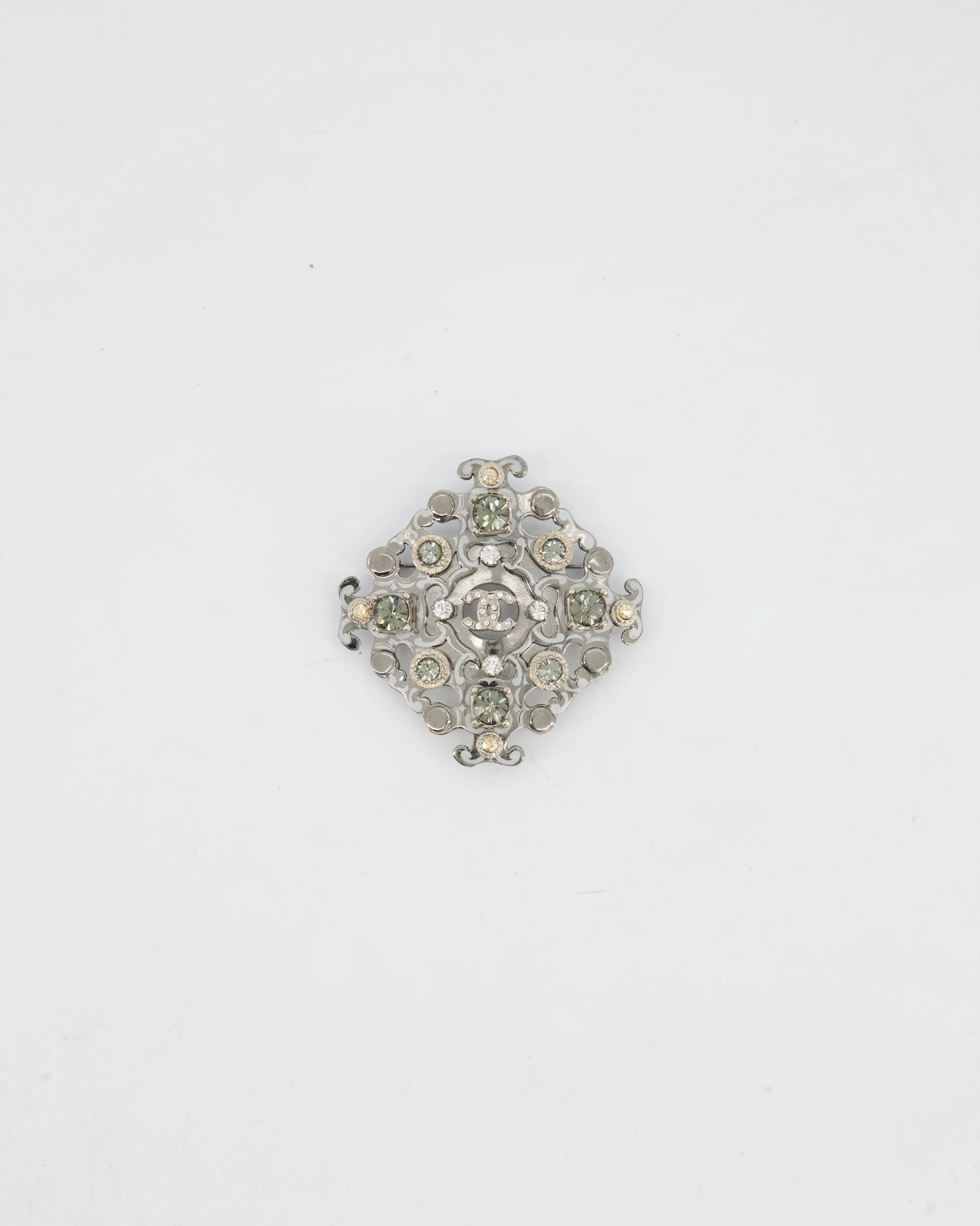 Chanel Silver Brooch With Logo And Crystal Details