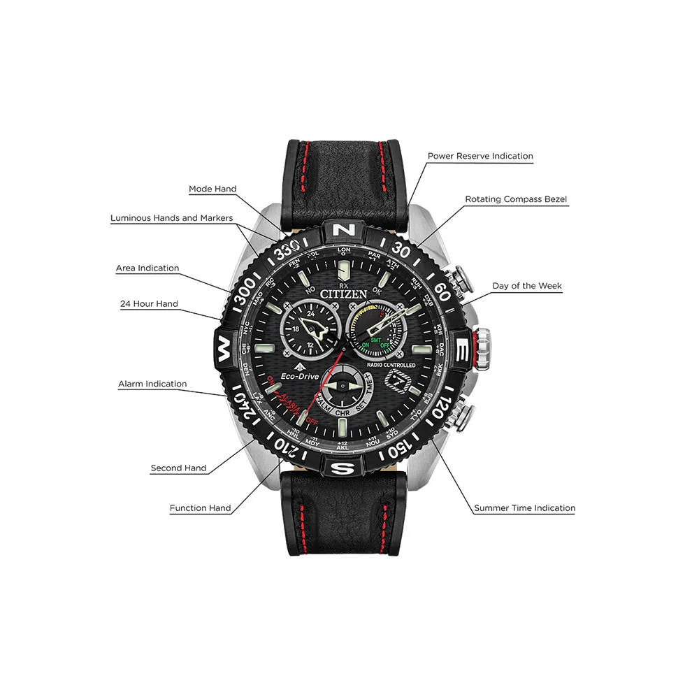 Citizen Eco-Drive Promaster Navihawk Mens Black Leather Band Black Quartz Dial Watch - CB5841-05E