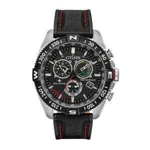 Citizen Eco-Drive Promaster Navihawk Mens Black Leather Band Black Quartz Dial Watch - CB5841-05E