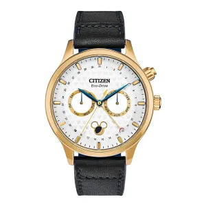 Citizen Mens Disney Stainless Steel Quartz White Dial Black Leather Strap Watch - AP1058-11W