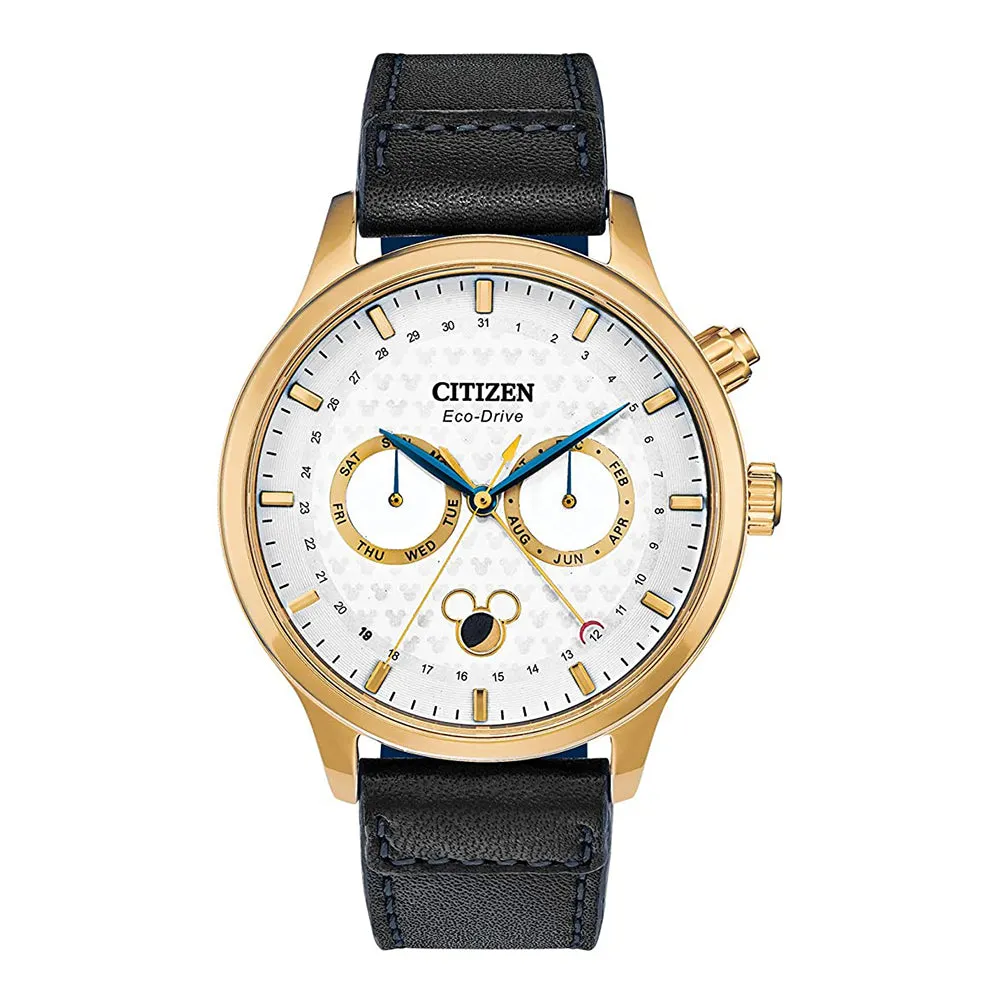 Citizen Mens Disney Stainless Steel Quartz White Dial Black Leather Strap Watch - AP1058-11W