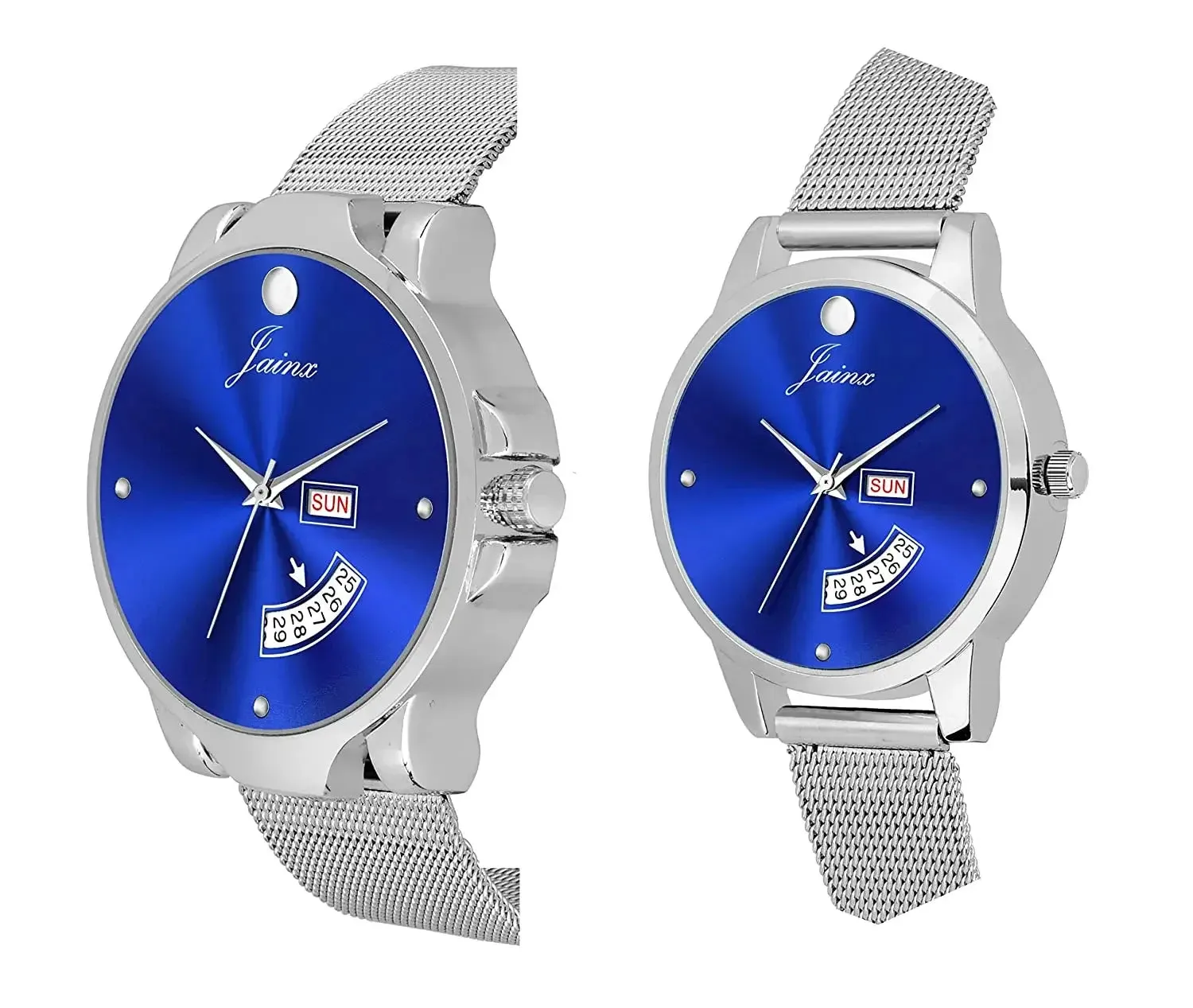 Couple's Day & Date Function Blue Dial Stainless Steel Mesh Chain Analog Watch - JC491