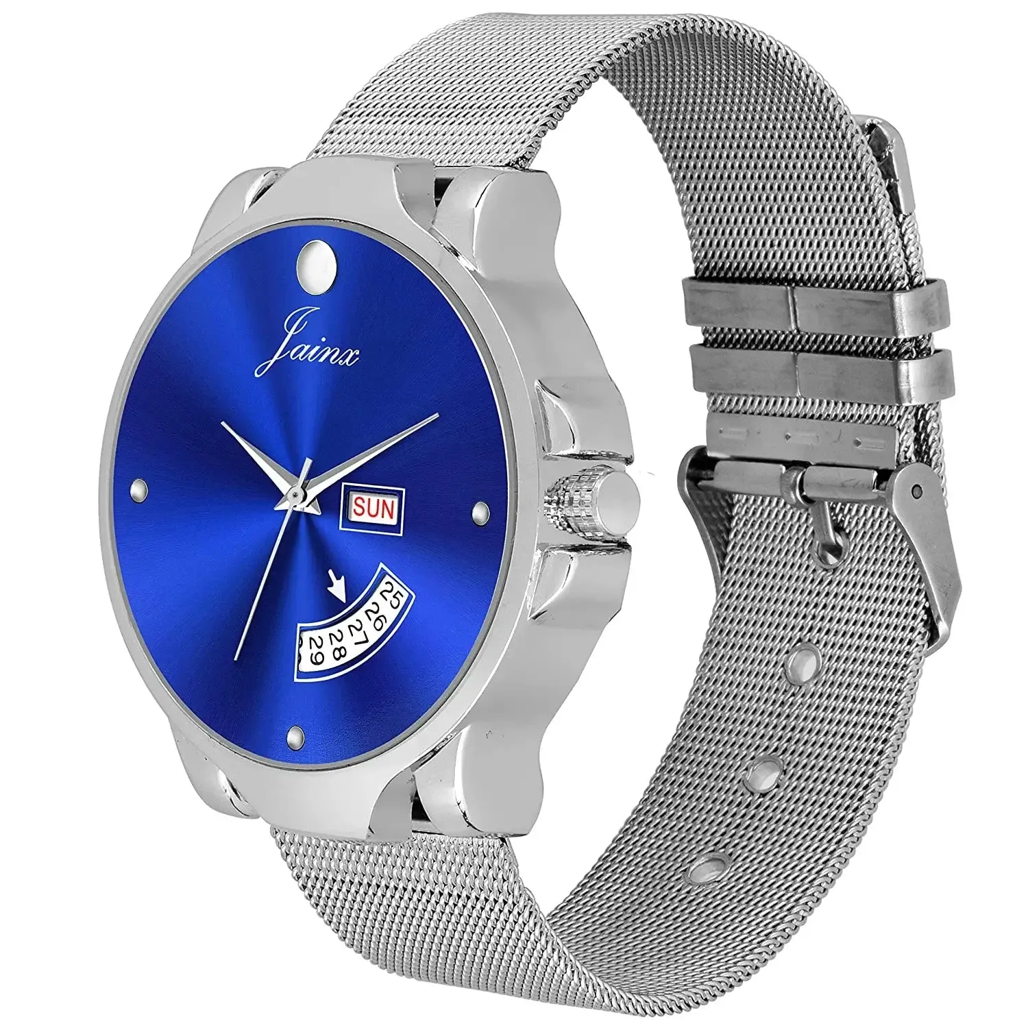 Couple's Day & Date Function Blue Dial Stainless Steel Mesh Chain Analog Watch - JC491