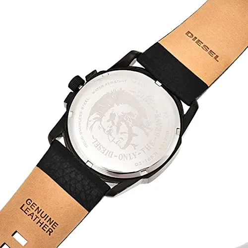 Diesel Men's Master Chief Quartz Leather Three-Hand Watch, Color: Black/Red Dial (Model: DZ1657)