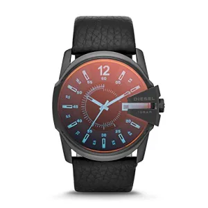 Diesel Men's Master Chief Quartz Leather Three-Hand Watch, Color: Black/Red Dial (Model: DZ1657)