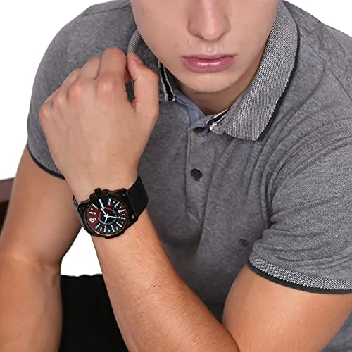 Diesel Men's Master Chief Quartz Leather Three-Hand Watch, Color: Black/Red Dial (Model: DZ1657)