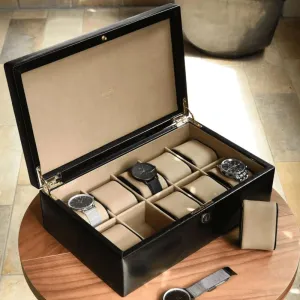 Dulwich Designs Windsor Black Leather 10 Piece Watch Box 71219