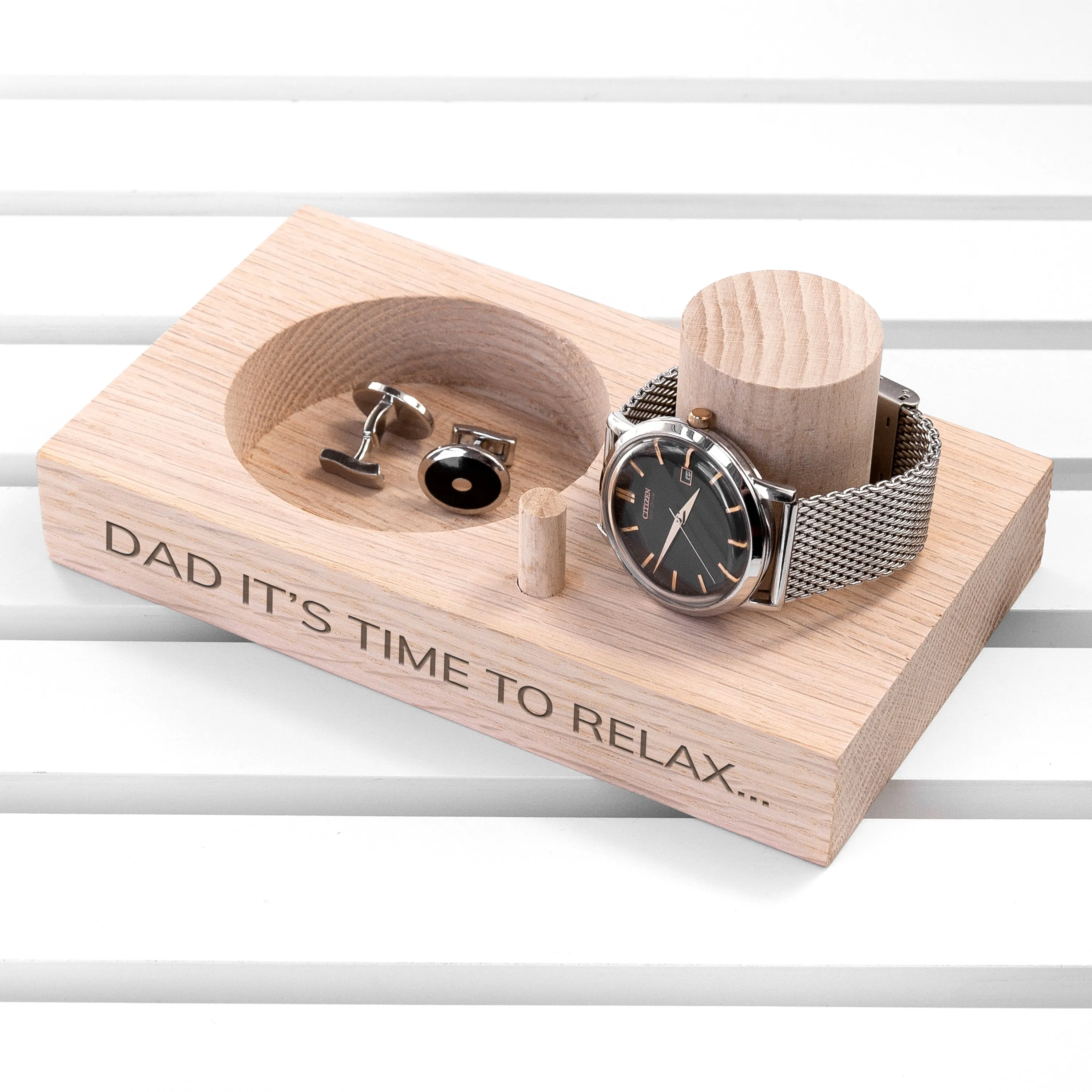 Engraved Oak Wood Watch Stand