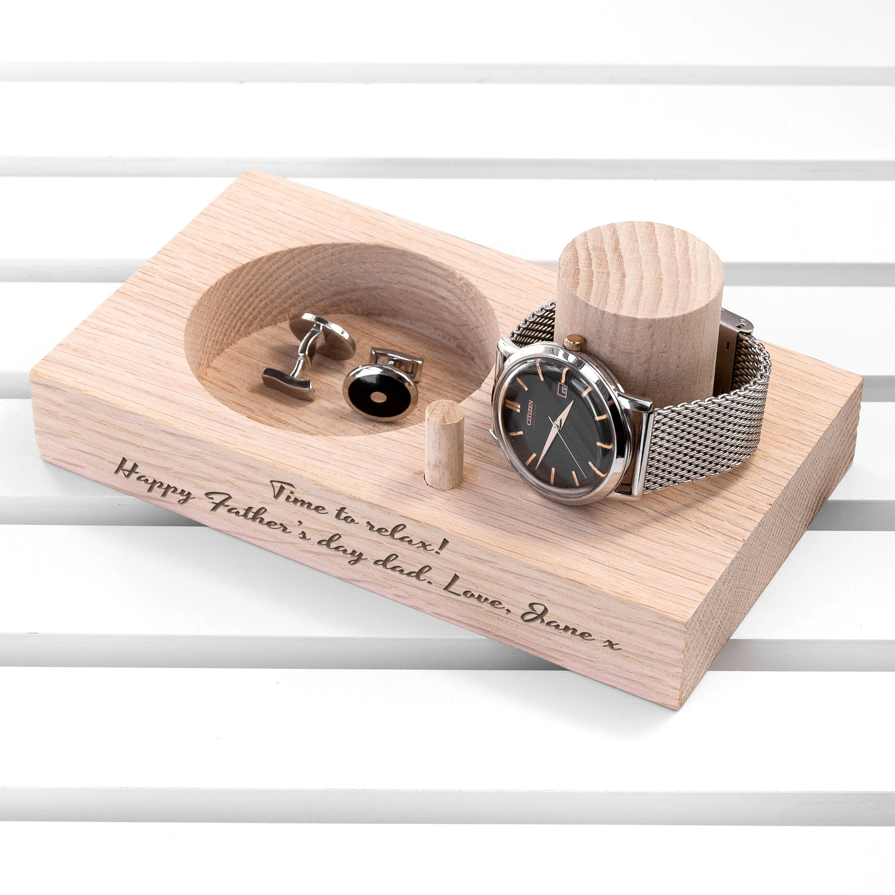 Engraved Oak Wood Watch Stand