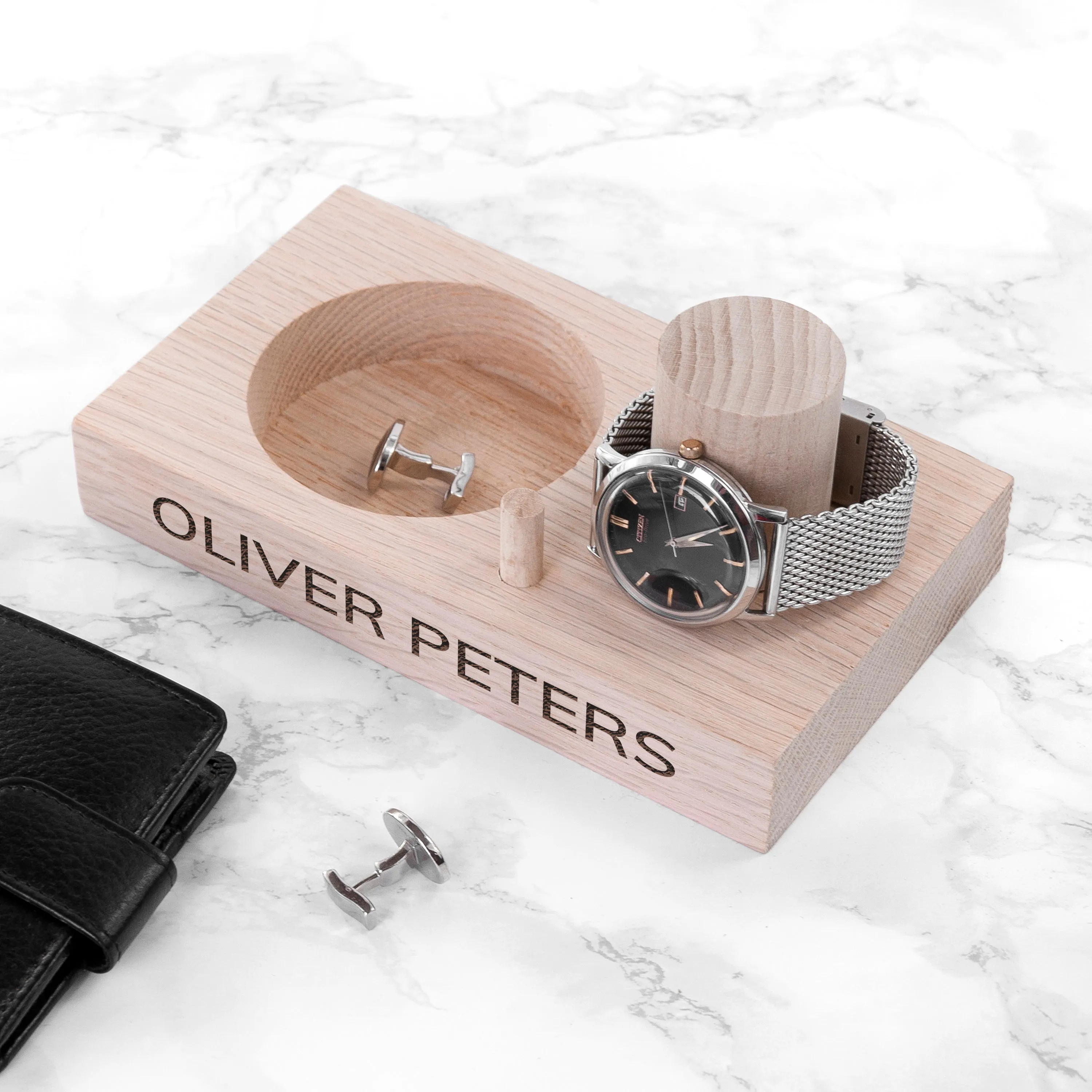Engraved Oak Wood Watch Stand