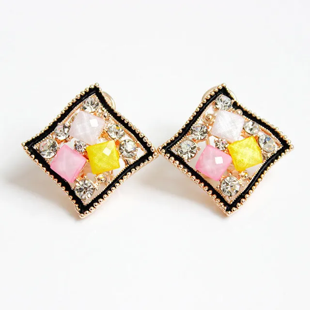 F&U New Arrival 2017 Multicolor Acrylic Crystal with Black Gold Color Screw-back Rhombic Stud women Earrings Bijoux