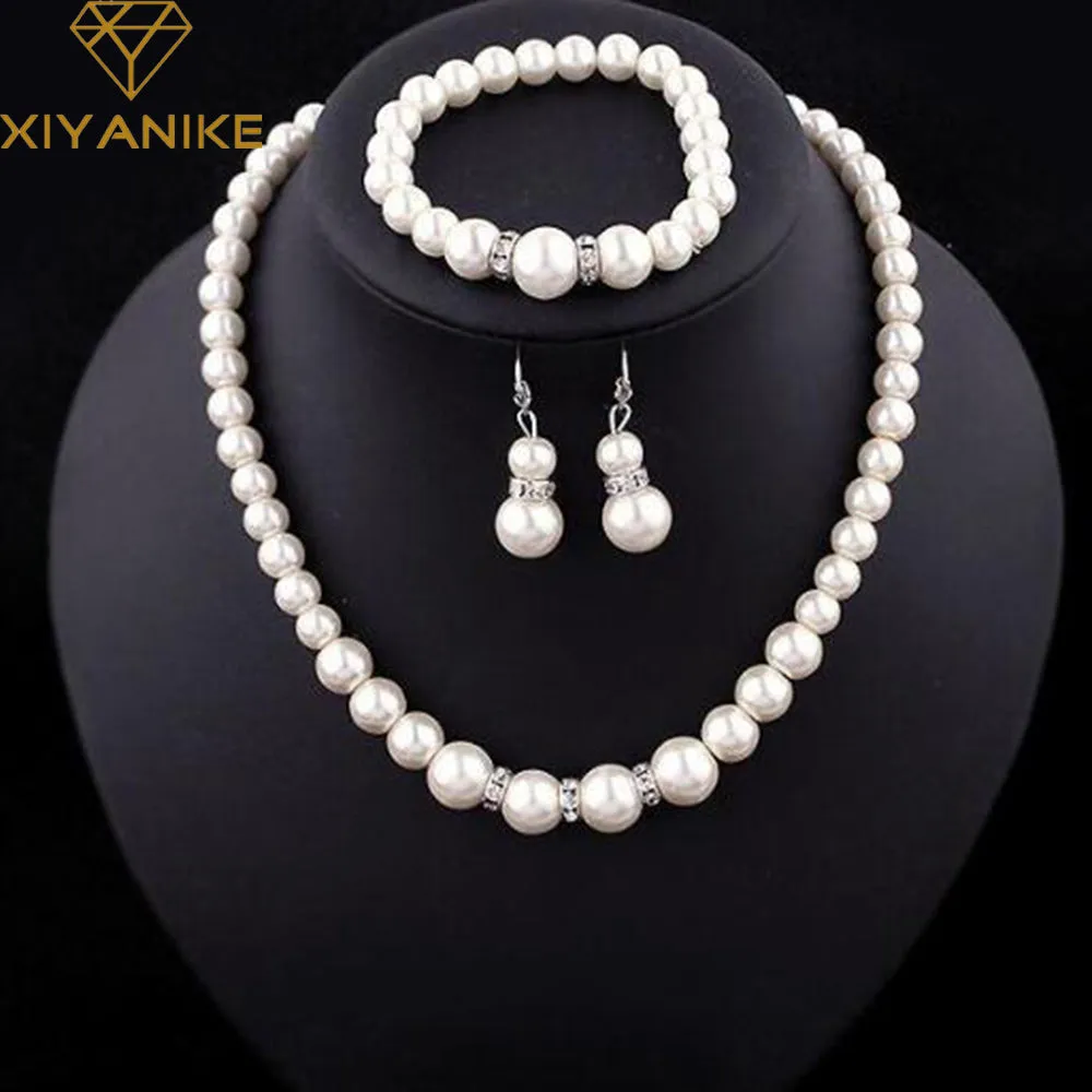 Fashion Classic Imitation Pearl Silver Plated Clear Crystal Top Elegant Party Gift Fashion Costume Pearl Jewelry Sets N85