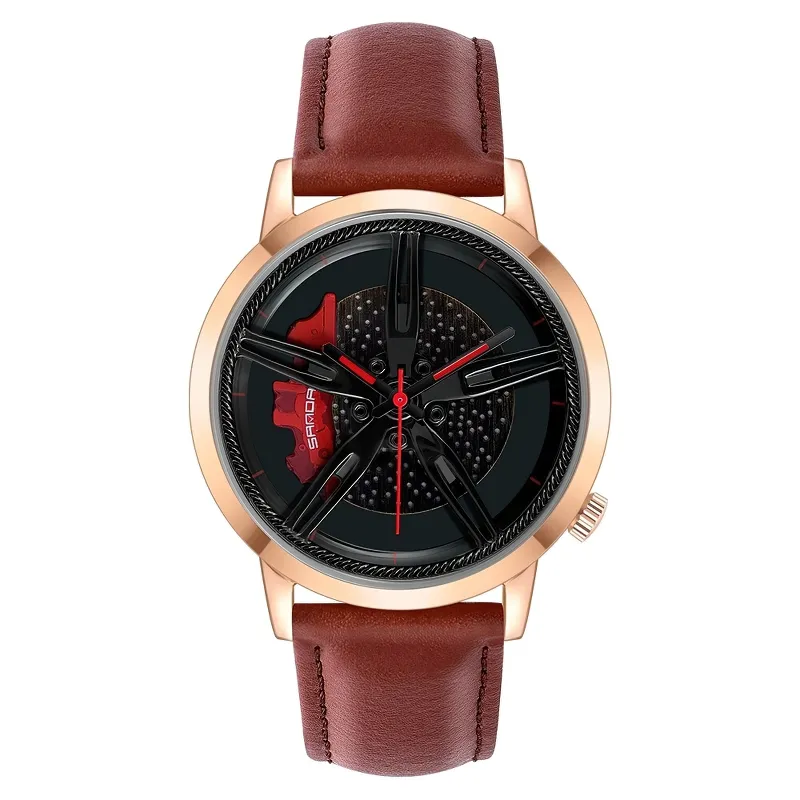 Fashion Watch Of Car Wheel Rotating Dial For Men / Waterproof Clock With PU Leather Strap