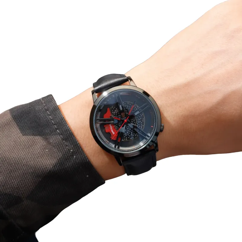 Fashion Watch Of Car Wheel Rotating Dial For Men / Waterproof Clock With PU Leather Strap