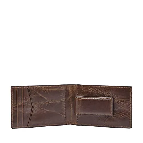 Fossil Men's Derrick Leather Slim Minimalist Magnetic Money Clip Bifold Front Pocket Wallet, Dark Brown