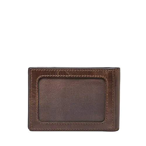 Fossil Men's Derrick Leather Slim Minimalist Magnetic Money Clip Bifold Front Pocket Wallet, Dark Brown