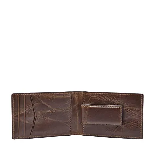 Fossil Men's Derrick Leather Slim Minimalist Magnetic Money Clip Bifold Front Pocket Wallet, Dark Brown