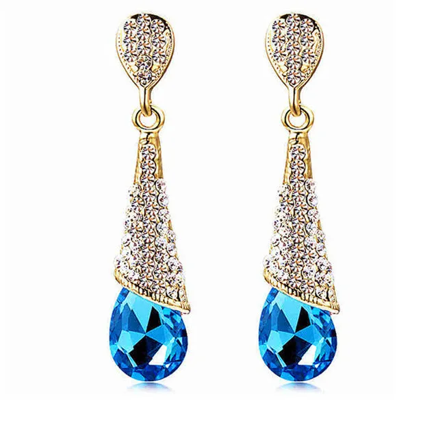 Free Shipping Austrian Long Blue Crystal Earrings Colorful Fancy Water Drop Earrings Elegant Earrings Jewelry for Women