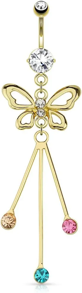 Gemmed Butterfly with Protruding Colored Gems Dangle Gold Plated WildKlass Navel Ring (Sold by Piece)