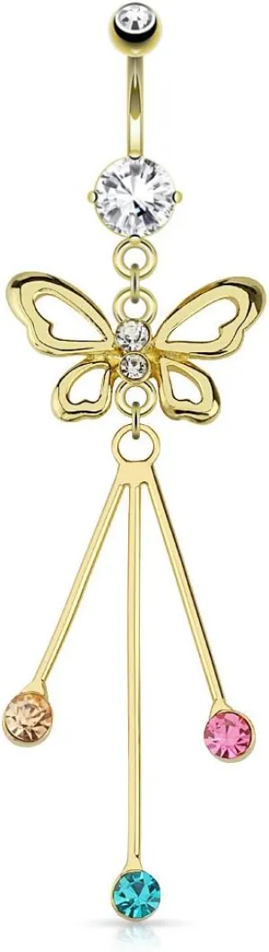 Gemmed Butterfly with Protruding Colored Gems Dangle Gold Plated WildKlass Navel Ring (Sold by Piece)