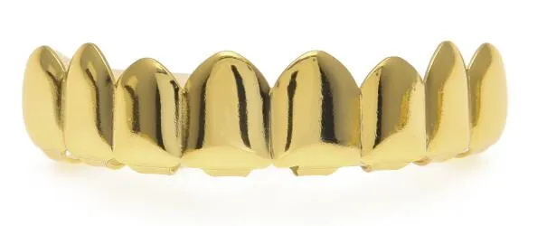 Gold Finish Grills Set Eight 8 Top Teeth & Six 6 Bottom Tooth Plain Hip Hop Grills New High Quality Christmas Halloween Gift