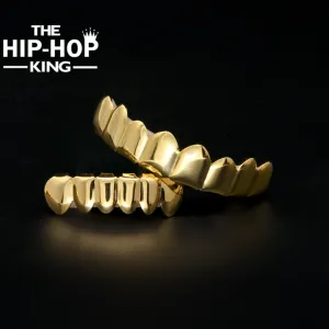 Gold Finish Grills Set Eight 8 Top Teeth & Six 6 Bottom Tooth Plain Hip Hop Grills New High Quality Christmas Halloween Gift