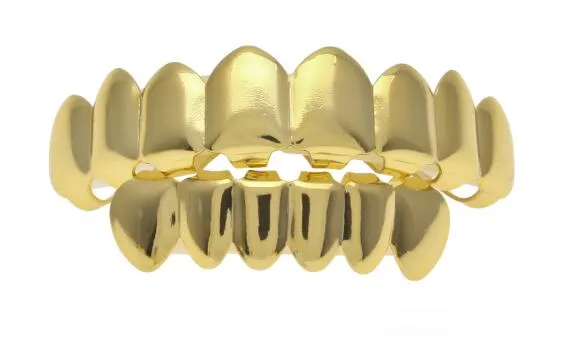 Gold Finish Grills Set Eight 8 Top Teeth & Six 6 Bottom Tooth Plain Hip Hop Grills New High Quality Christmas Halloween Gift