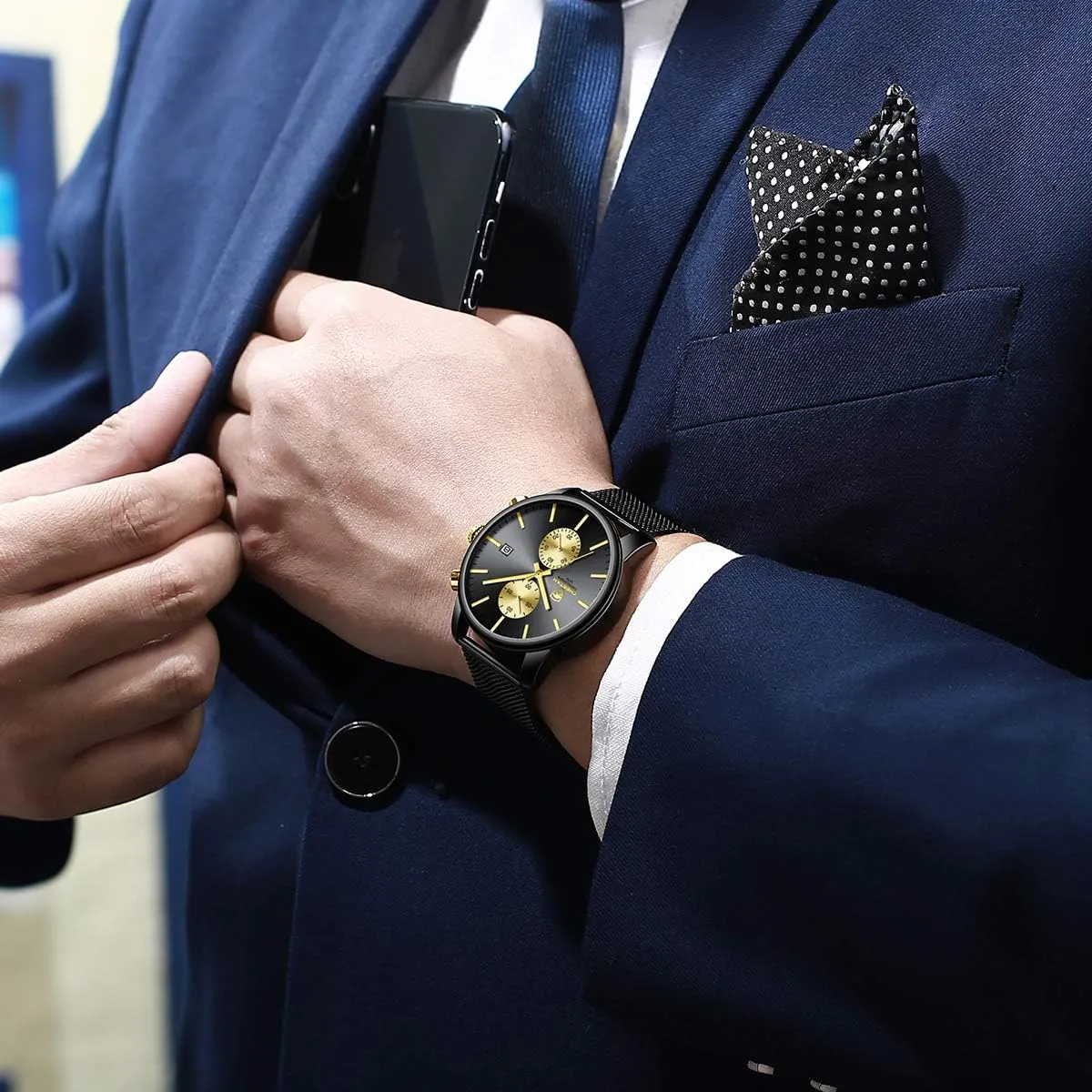 GOLDEN HOUR Mens Watch Fashion Sleek Minimalist Quartz Analog Mesh Stainless Steel Waterproof Chronograph Watches for Men with Auto Date