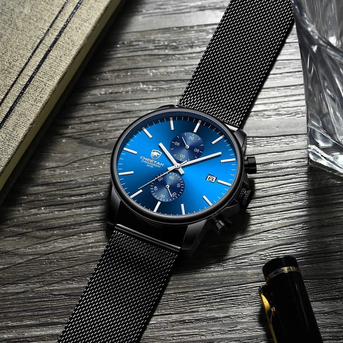 GOLDEN HOUR Mens Watch Fashion Sleek Minimalist Quartz Analog Mesh Stainless Steel Waterproof Chronograph Watches for Men with Auto Date