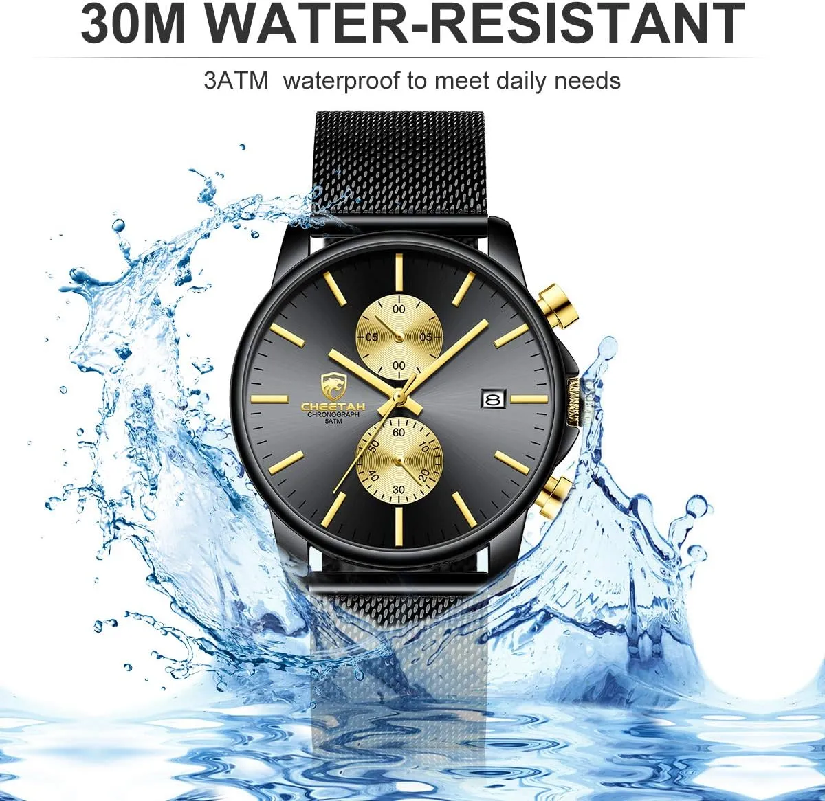 GOLDEN HOUR Mens Watch Fashion Sleek Minimalist Quartz Analog Mesh Stainless Steel Waterproof Chronograph Watches for Men with Auto Date