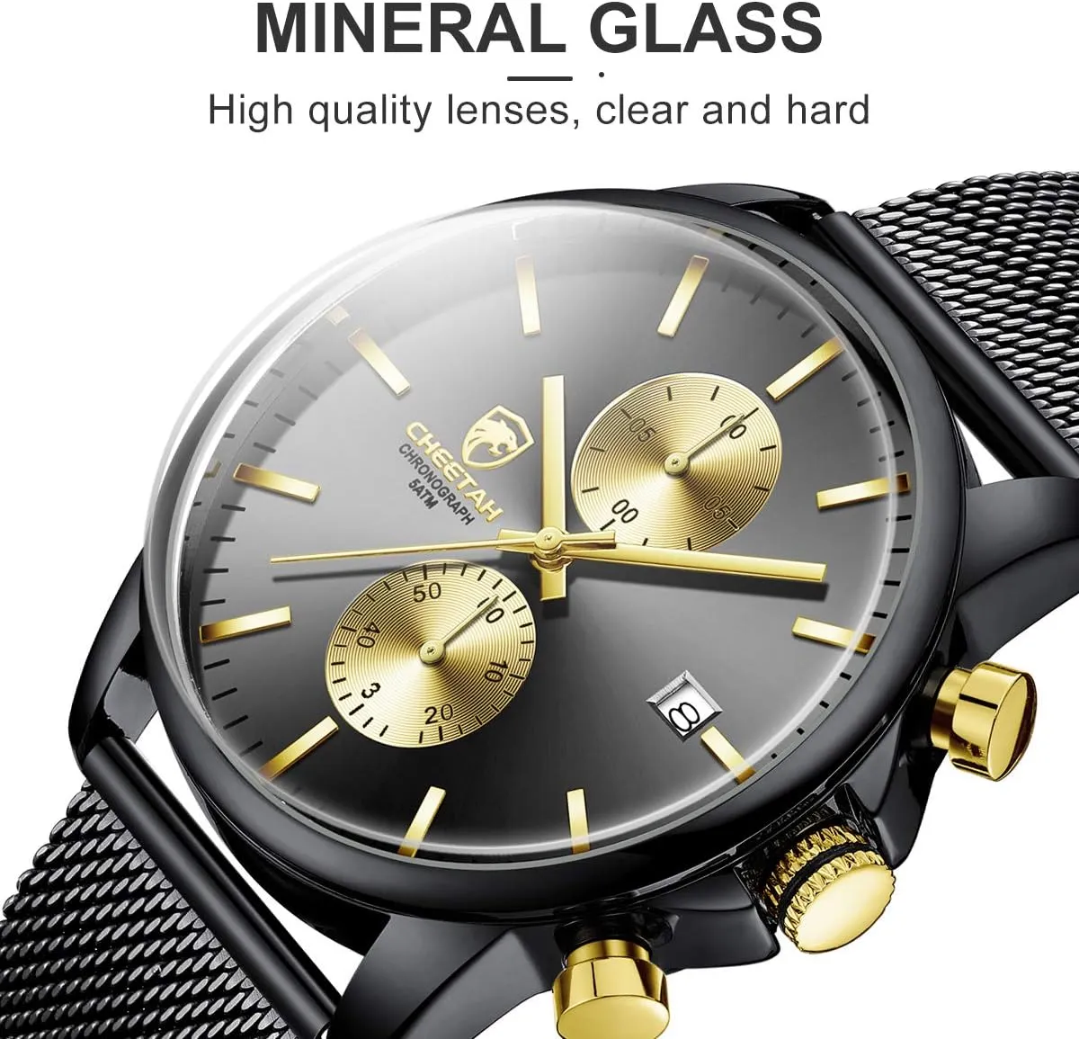GOLDEN HOUR Mens Watch Fashion Sleek Minimalist Quartz Analog Mesh Stainless Steel Waterproof Chronograph Watches for Men with Auto Date