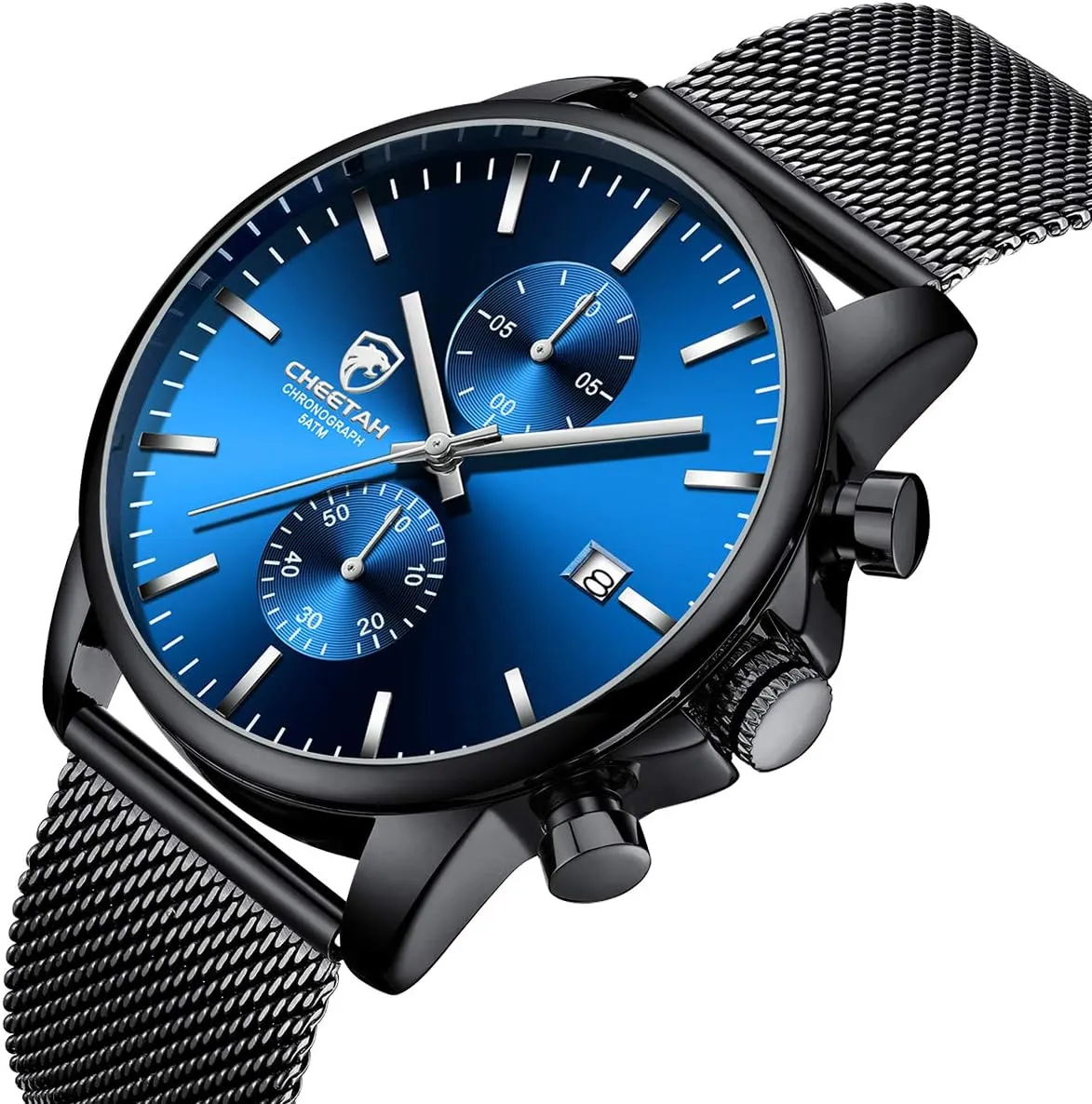 GOLDEN HOUR Mens Watch Fashion Sleek Minimalist Quartz Analog Mesh Stainless Steel Waterproof Chronograph Watches for Men with Auto Date