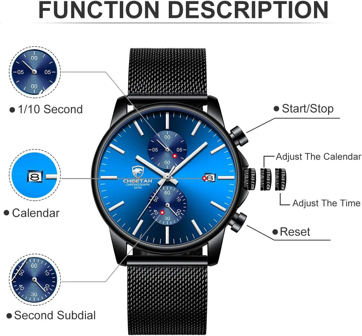 GOLDEN HOUR Mens Watch Fashion Sleek Minimalist Quartz Analog Mesh Stainless Steel Waterproof Chronograph Watches for Men with Auto Date