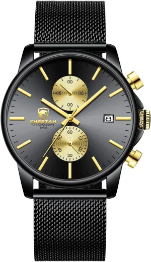 GOLDEN HOUR Mens Watch Fashion Sleek Minimalist Quartz Analog Mesh Stainless Steel Waterproof Chronograph Watches for Men with Auto Date