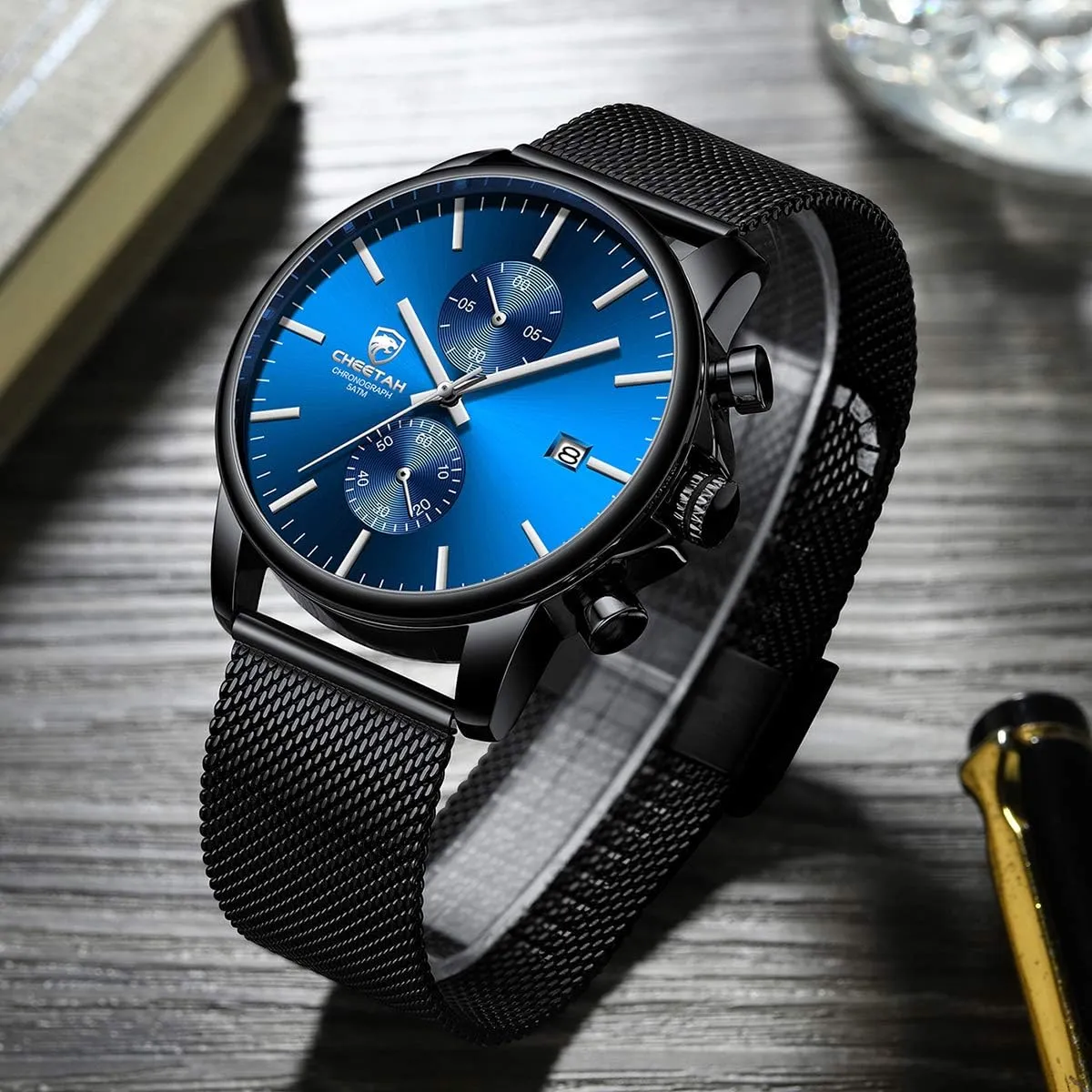 GOLDEN HOUR Mens Watch Fashion Sleek Minimalist Quartz Analog Mesh Stainless Steel Waterproof Chronograph Watches for Men with Auto Date