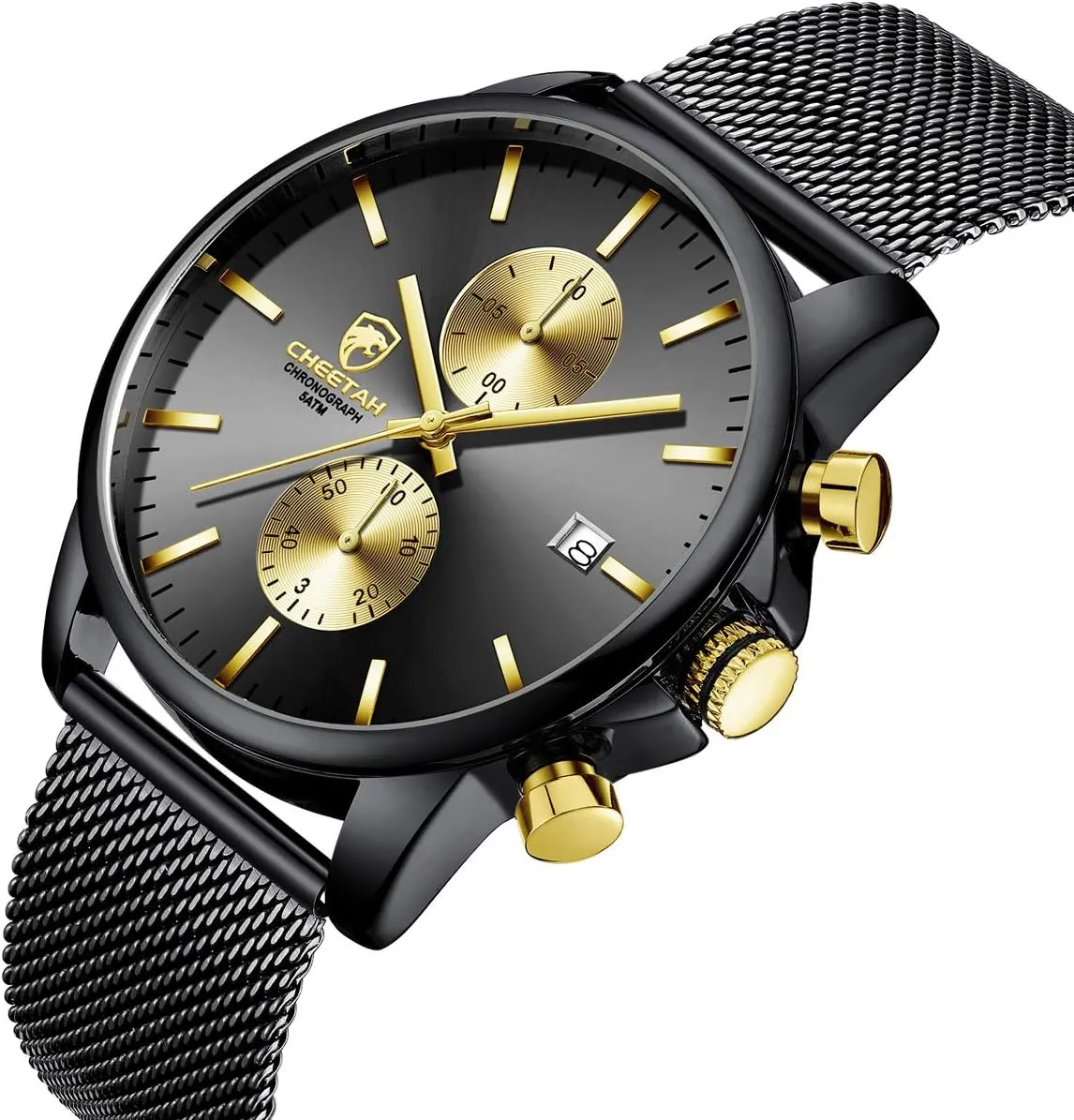 GOLDEN HOUR Mens Watch Fashion Sleek Minimalist Quartz Analog Mesh Stainless Steel Waterproof Chronograph Watches for Men with Auto Date