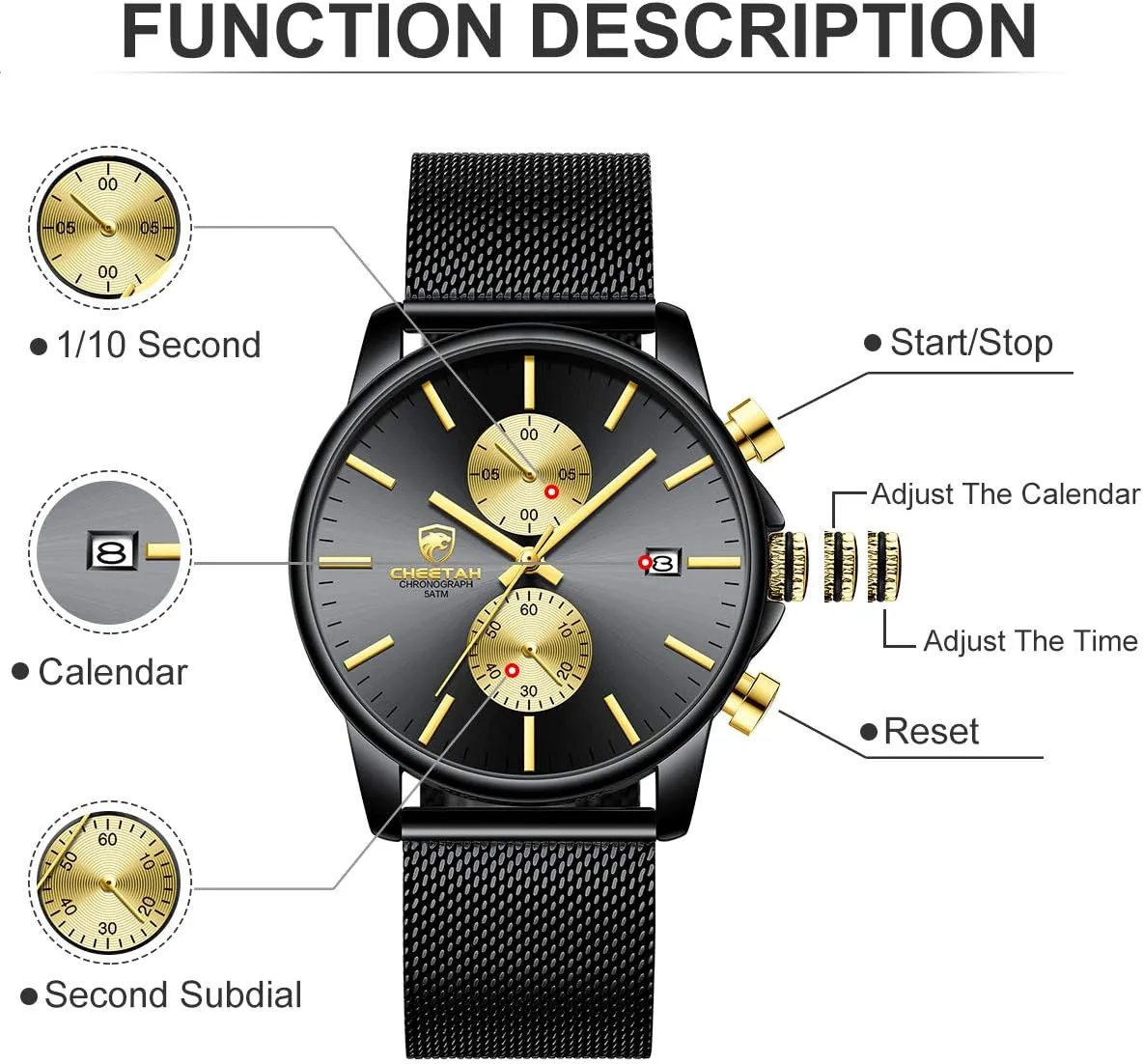 GOLDEN HOUR Mens Watch Fashion Sleek Minimalist Quartz Analog Mesh Stainless Steel Waterproof Chronograph Watches for Men with Auto Date