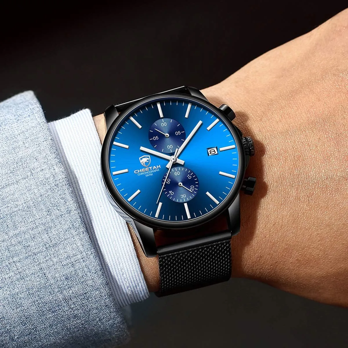 GOLDEN HOUR Mens Watch Fashion Sleek Minimalist Quartz Analog Mesh Stainless Steel Waterproof Chronograph Watches for Men with Auto Date