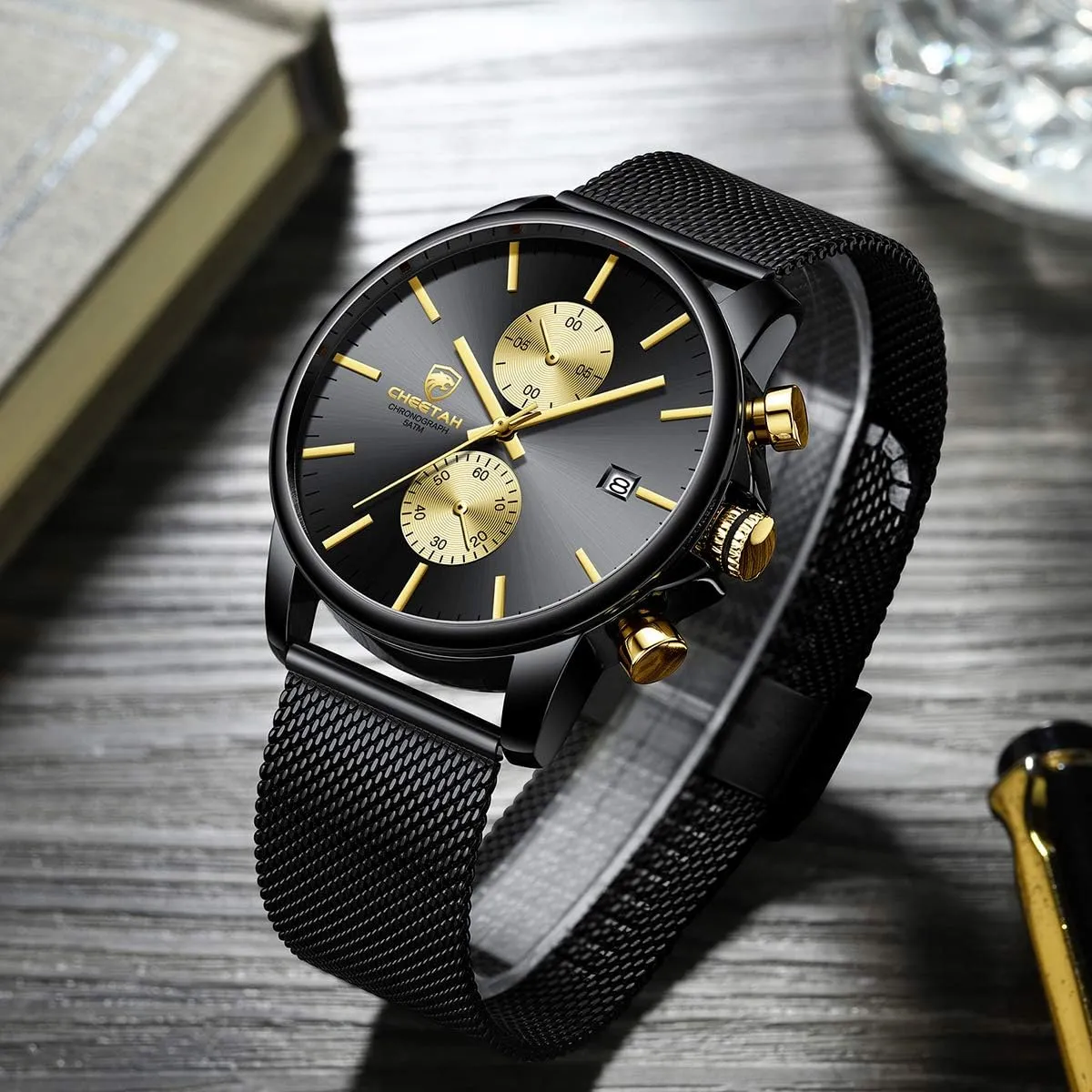 GOLDEN HOUR Mens Watch Fashion Sleek Minimalist Quartz Analog Mesh Stainless Steel Waterproof Chronograph Watches for Men with Auto Date