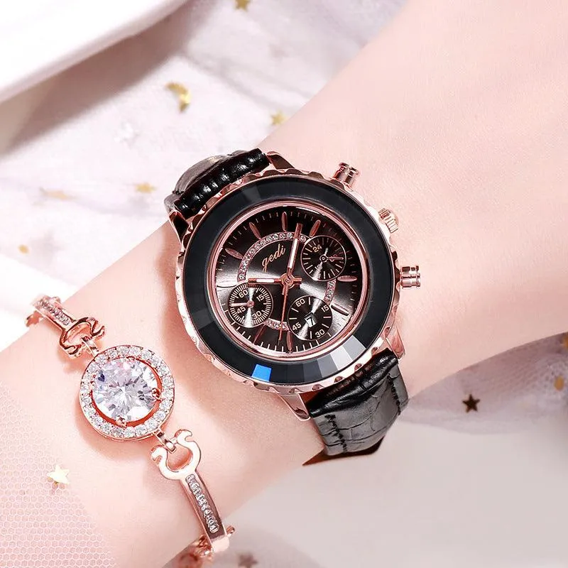 Green Leather Strap Ladies Belt Calendar Watch