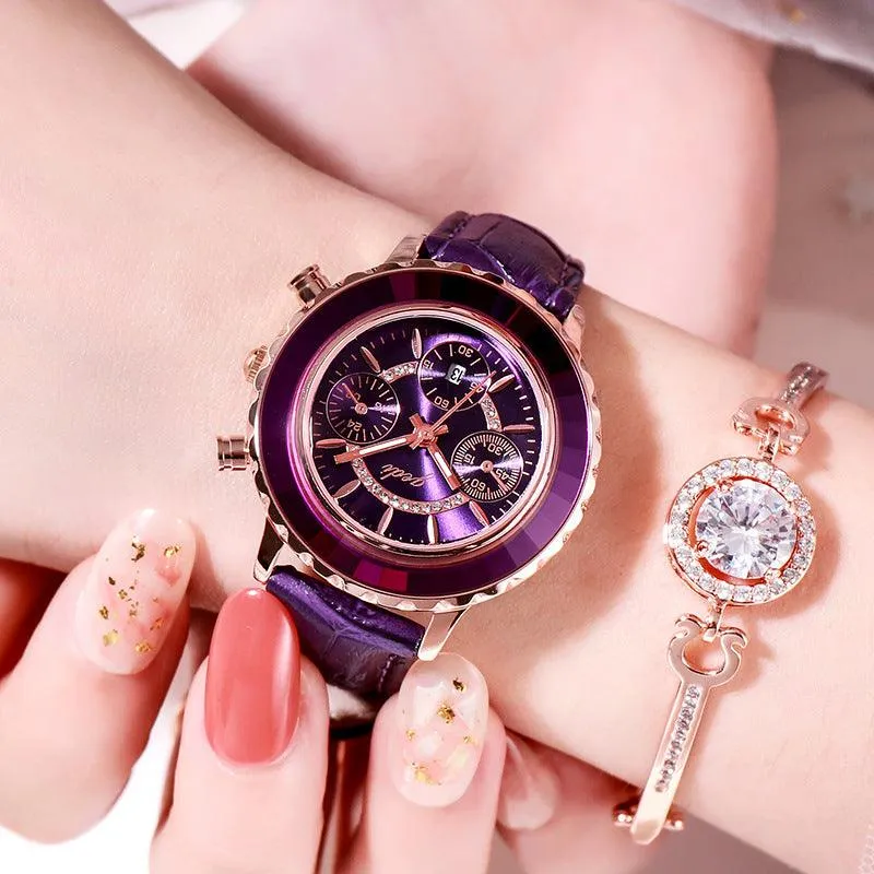 Green Leather Strap Ladies Belt Calendar Watch
