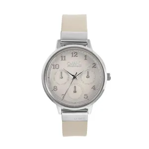 HELMSLEY WATCH WITH POLISHED SILVER CASE WITH MINK MULTI-DIAL FACE & IVORY LEATHER STRAP