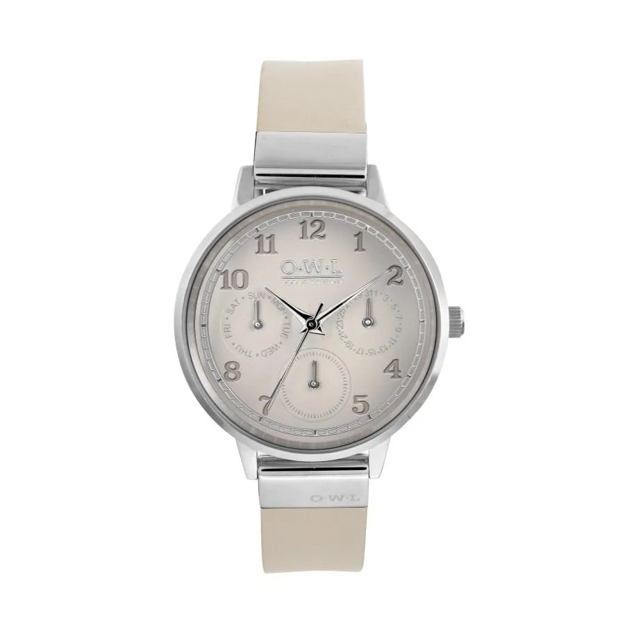 HELMSLEY WATCH WITH POLISHED SILVER CASE WITH MINK MULTI-DIAL FACE & IVORY LEATHER STRAP