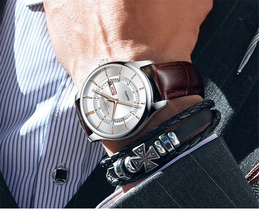 High Quality Perfect Men's Upscale Everyday Watch Men Leather Waterproof 30M Watches Business Fashion Japan Quartz Movement Auto Date Male Clock