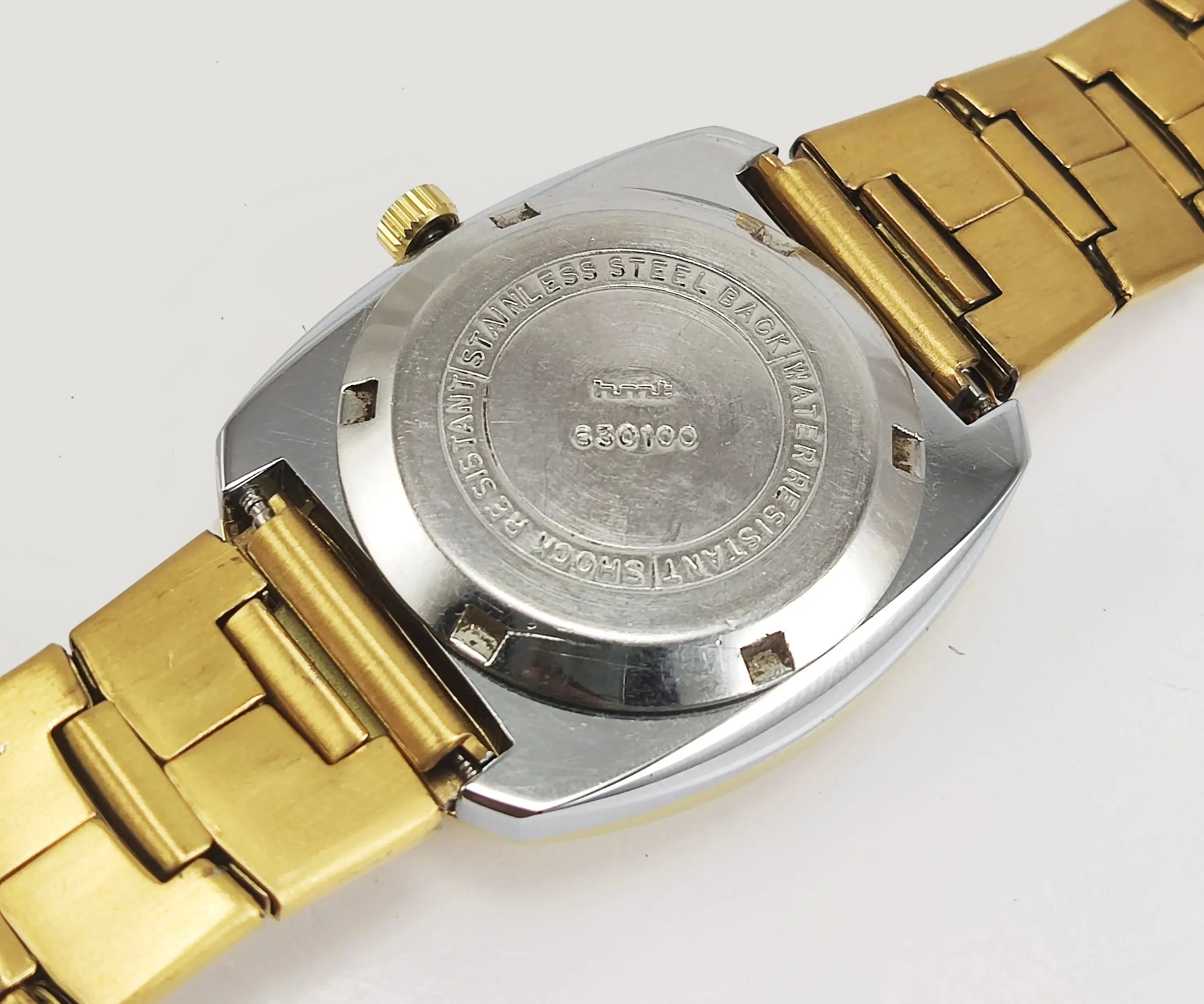 HMT Kanchan Para Shock 21 Jewels Golden Dial Day Date Function Mechanical Automatic Men's Wrist Watch