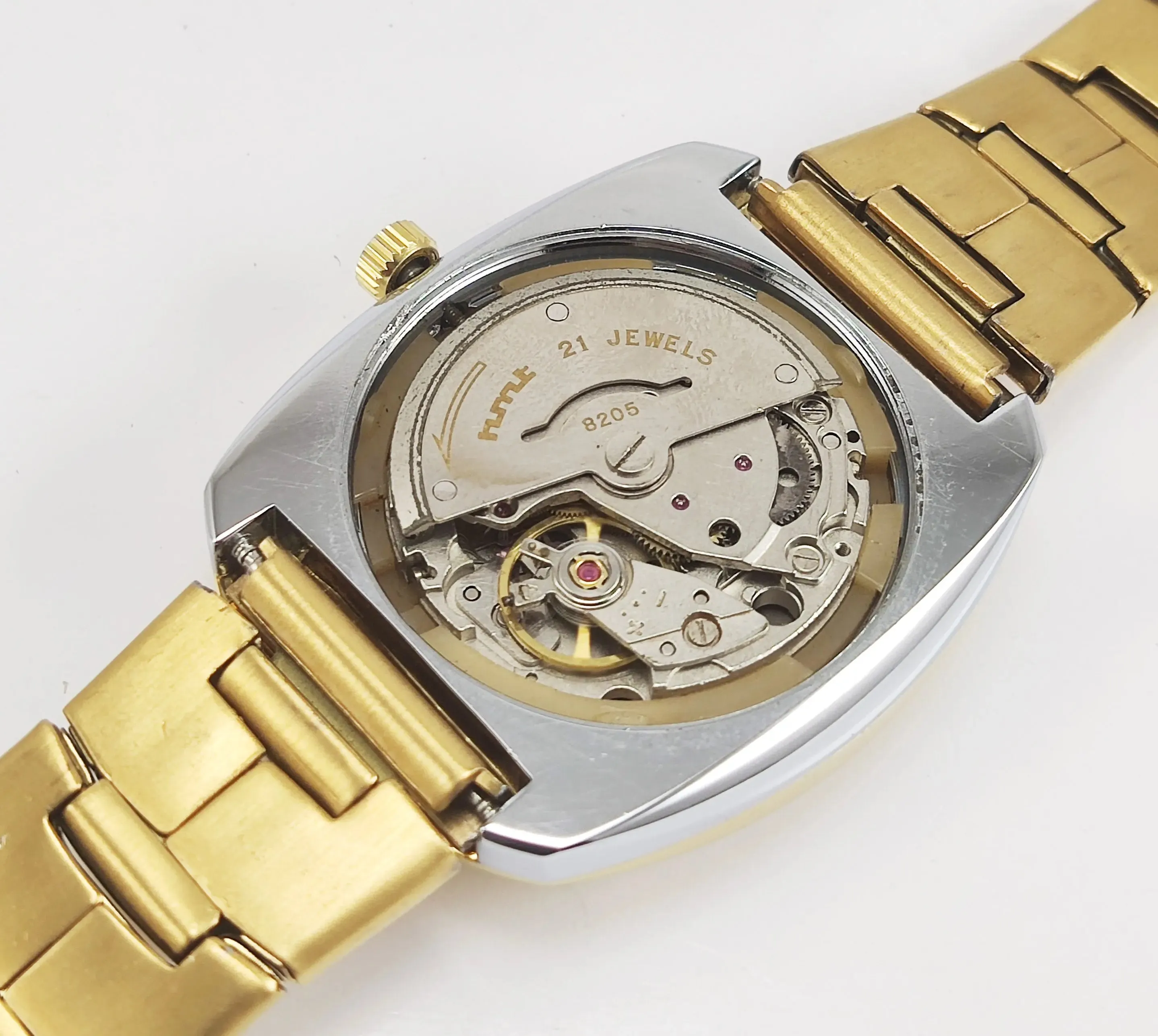 HMT Kanchan Para Shock 21 Jewels Golden Dial Day Date Function Mechanical Automatic Men's Wrist Watch