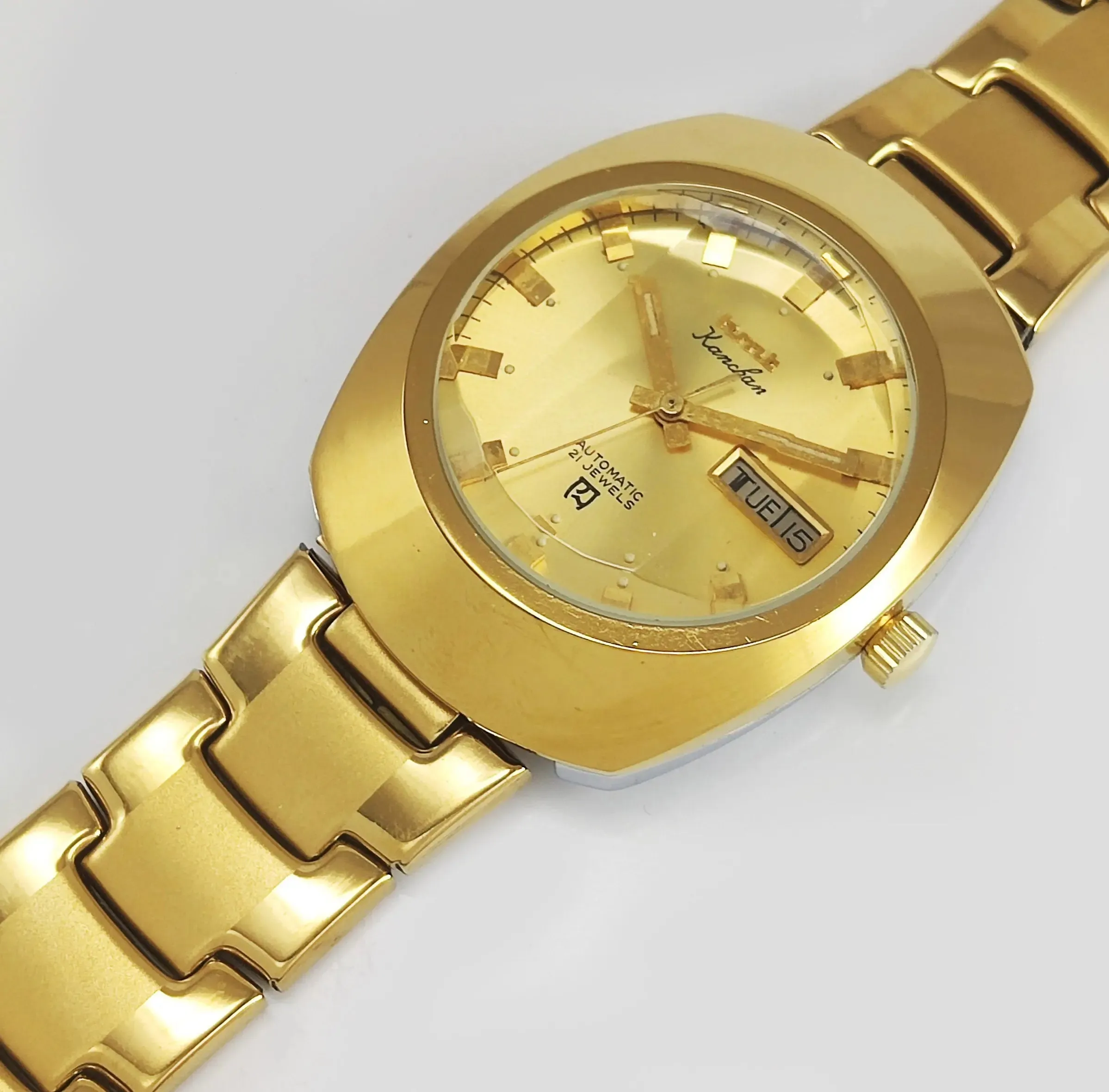 HMT Kanchan Para Shock 21 Jewels Golden Dial Day Date Function Mechanical Automatic Men's Wrist Watch