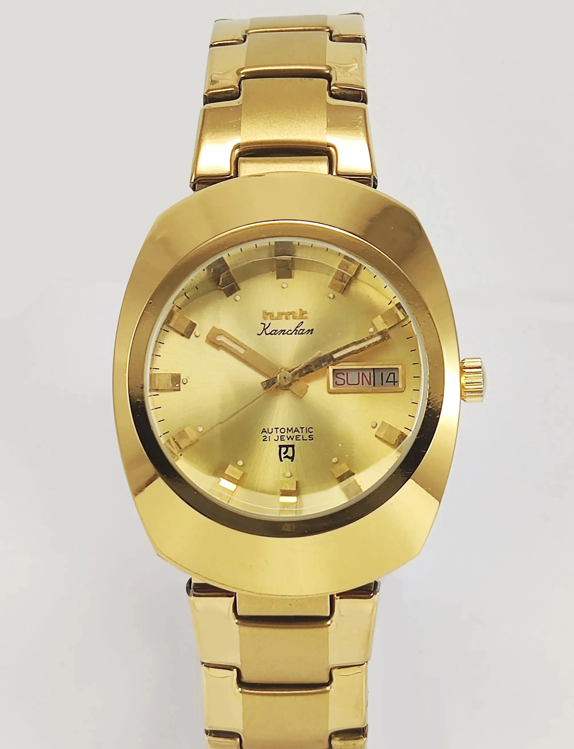 HMT Kanchan Para Shock 21 Jewels Golden Dial Day Date Function Mechanical Automatic Men's Wrist Watch