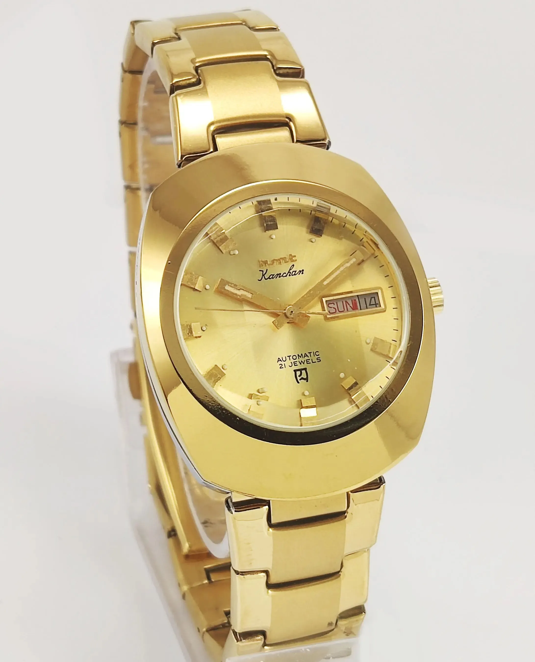 HMT Kanchan Para Shock 21 Jewels Golden Dial Day Date Function Mechanical Automatic Men's Wrist Watch